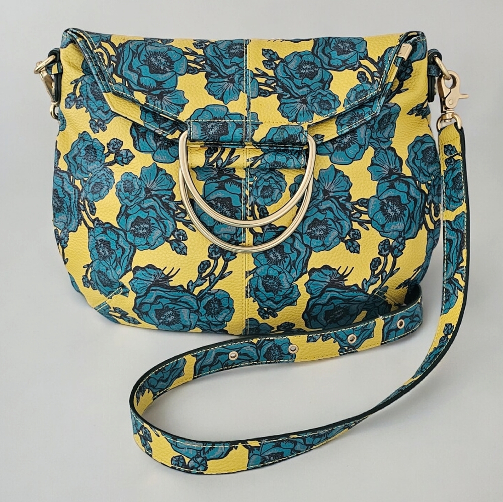Foley + Corinna Kayla Lemon & Teal Floral Print  Vegan Foldover Tote Bag - Picture 2 of 6